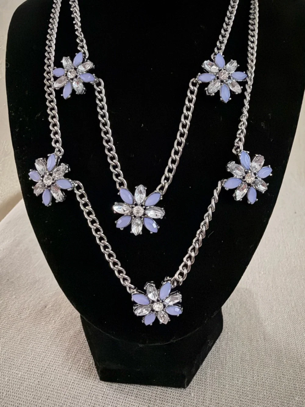 Silver Chain Multi-Flower Necklace with Lavender Crystal Petals - Picture 2 of 6